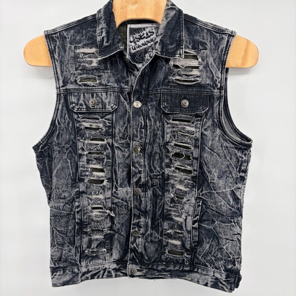 Diamond Stash XXL Acid‎ Wash Distressed Denim Vest Ripped Black Grey Streetwear
